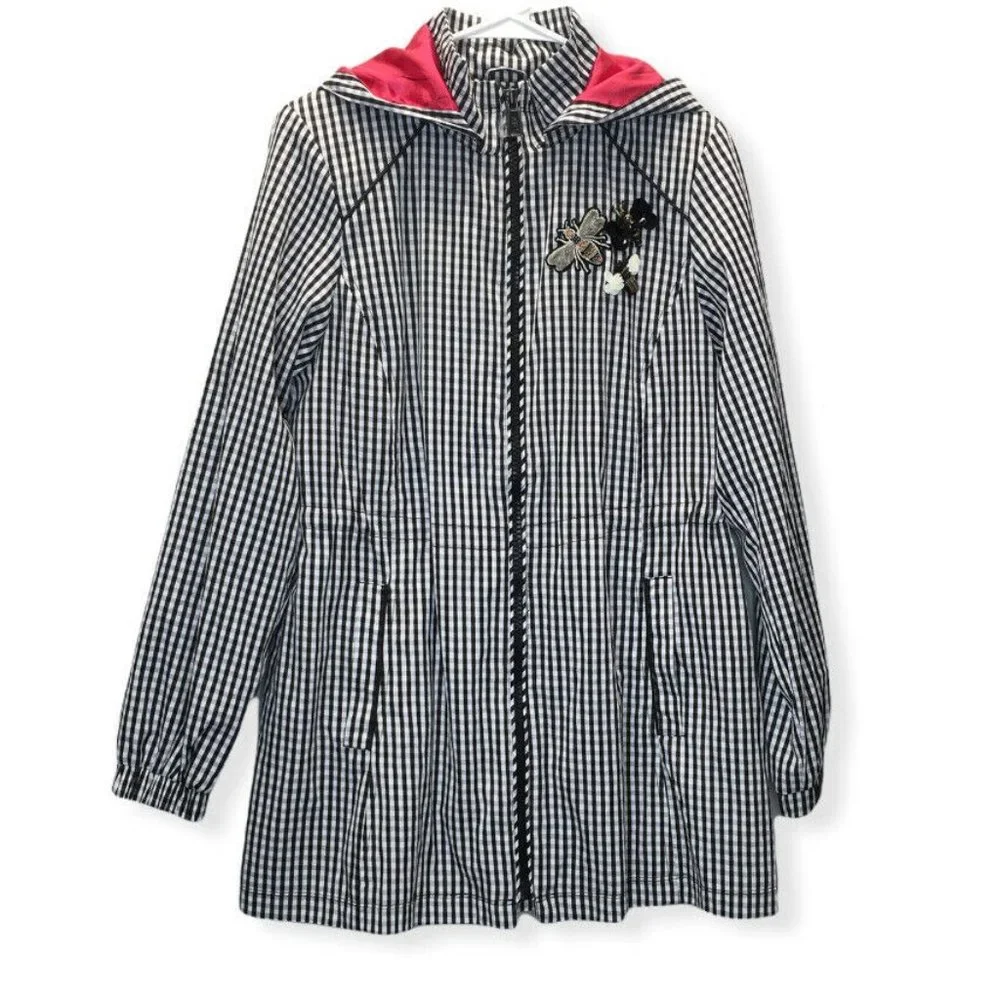 Dennis Basso Water Resistant Gingham Anorak Jacket Embellished Black White - Picture 2 of 11